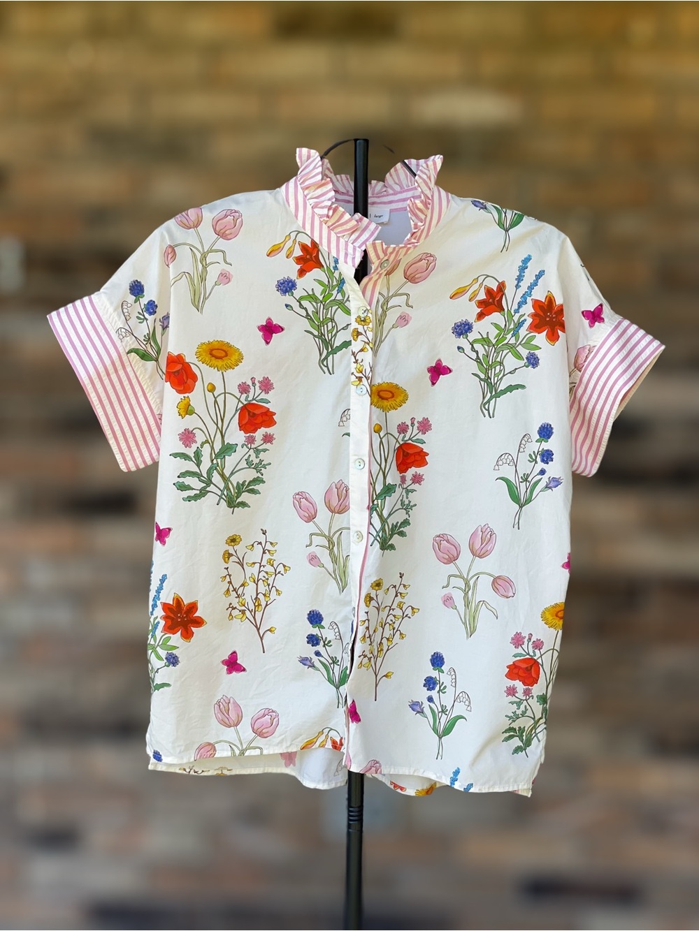 Entro Large Floral Button Front Blouse Pink Stripe Ruffle Collar